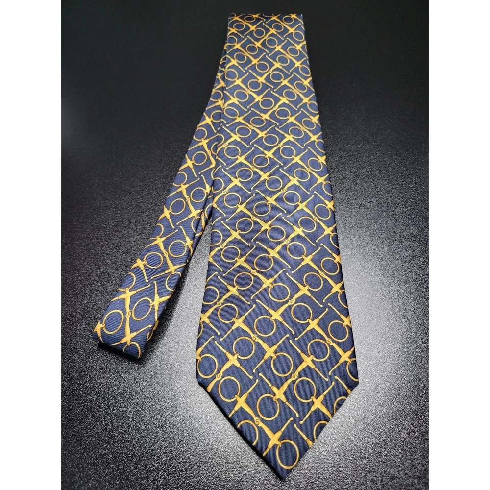 Gucci Men's Necktie Navy Gold Horsebit Silk 3.75 x 58 Excellent
